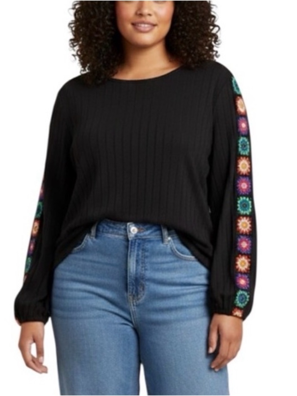 Women's Boho Ribbed Crochet Sleeve Top Colorful Black Plus 3X Sleeve Accents